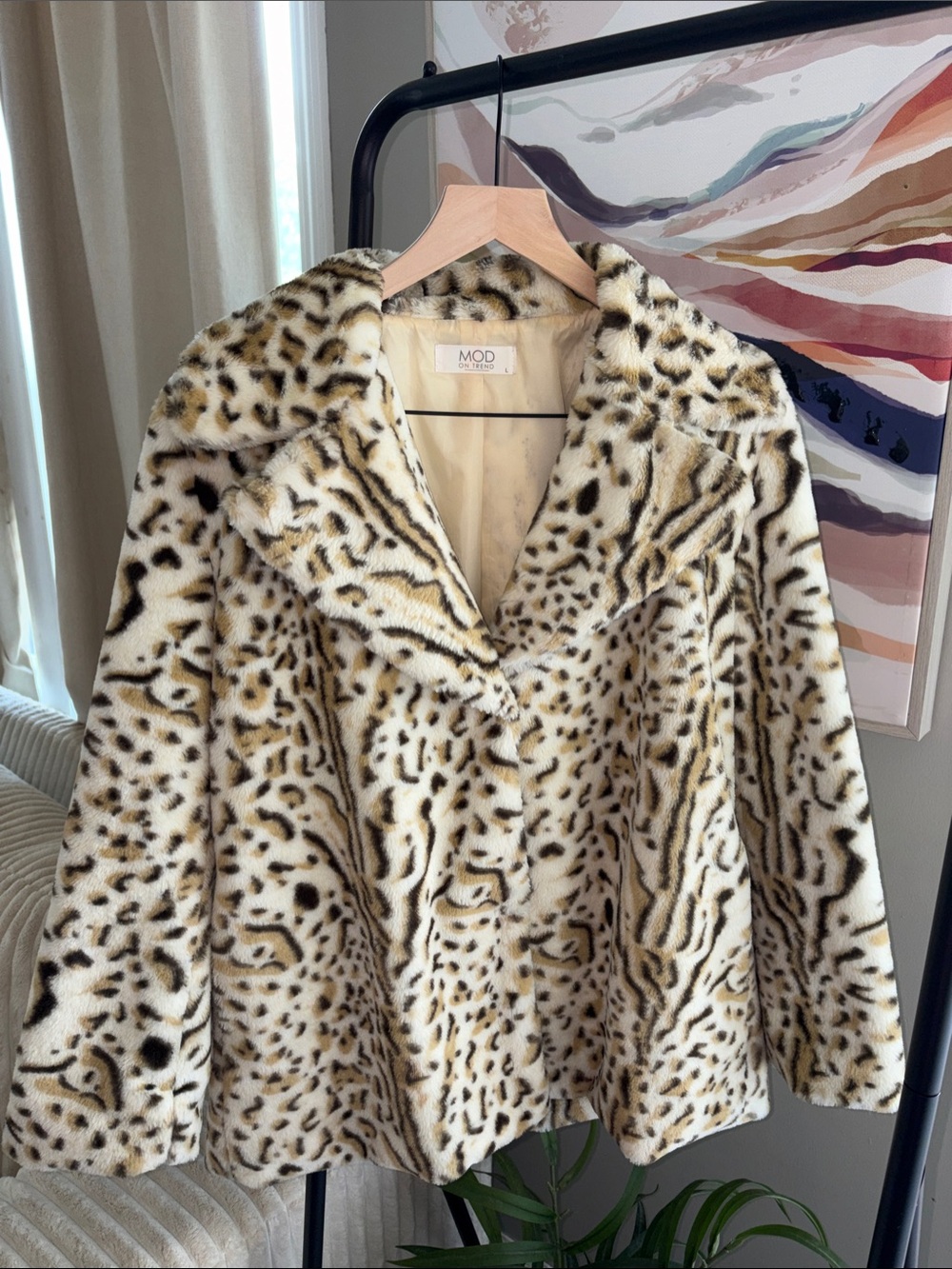 Faux Fur Leopard Print Coat in Cream